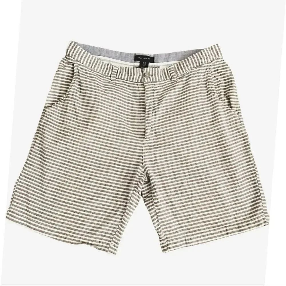 Tahari Gray and White Stripes Linen Unisex Shorts SZ 34